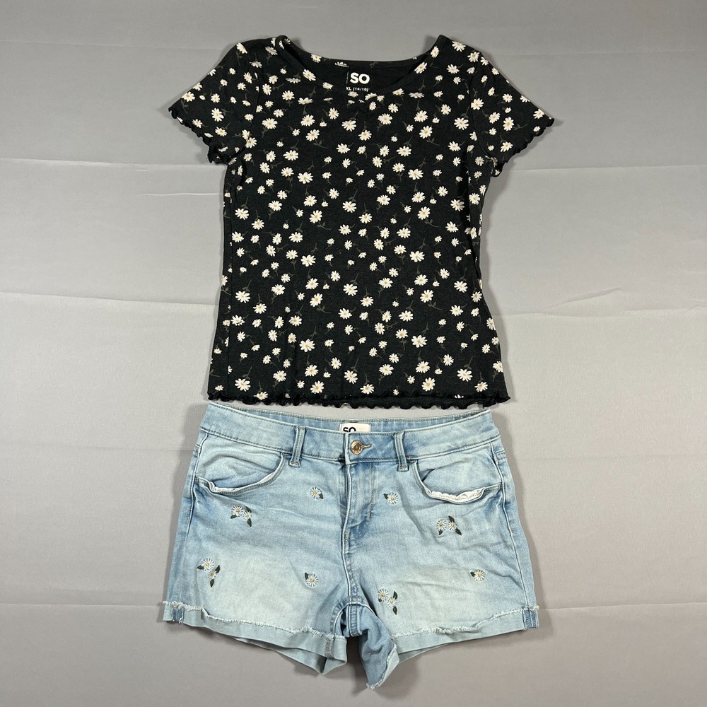 SO 2 Piece Top & Shorts Set Girls 14/16 Black Blue Denim Floral Cotton Stretch